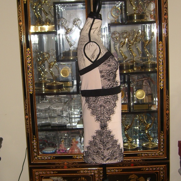 LIPSY BEIGE BLACK LACE STRAPLESS BODYCON DRESS US8 - Picture 2 of 6